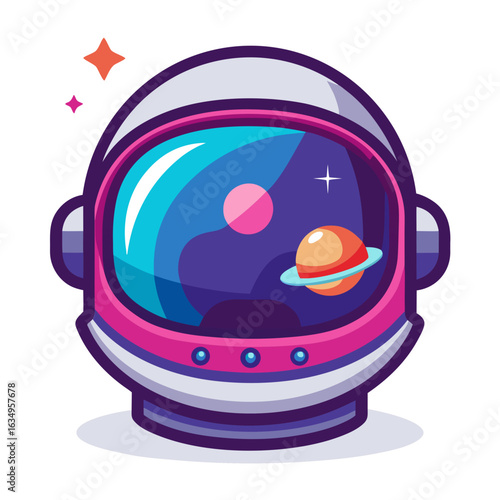 Minimalistic Astronaut Helmet Vector with Star and Planet Reflections, Space Exploration
