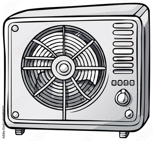 Illustration of an air conditioner unit with a fan and control panel for home or office cooling and ventilation