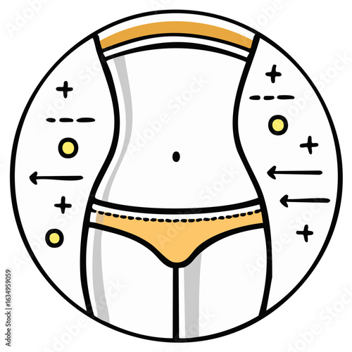 Woman's body contouring concept with arrows and symbols illustration inside circle, female liposuction design, yellow underwear, waist shaping