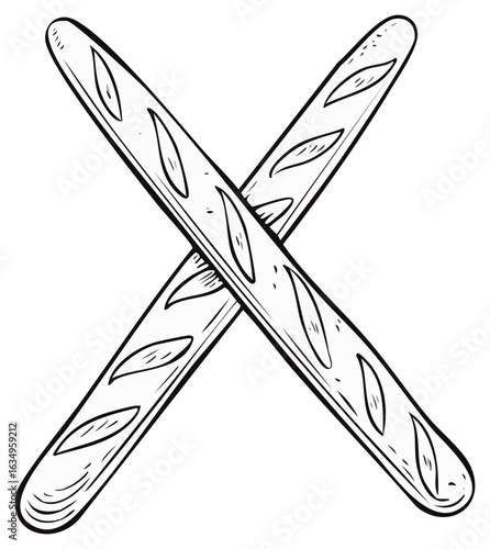 Two crossed baguettes illustration, classic crusty bread vector sketch, black and white hand drawn bakery products