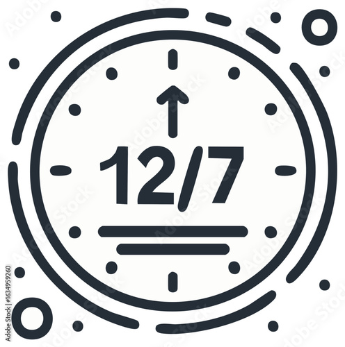 Clock face with 12/7 text inside indicating availability around the clock all week