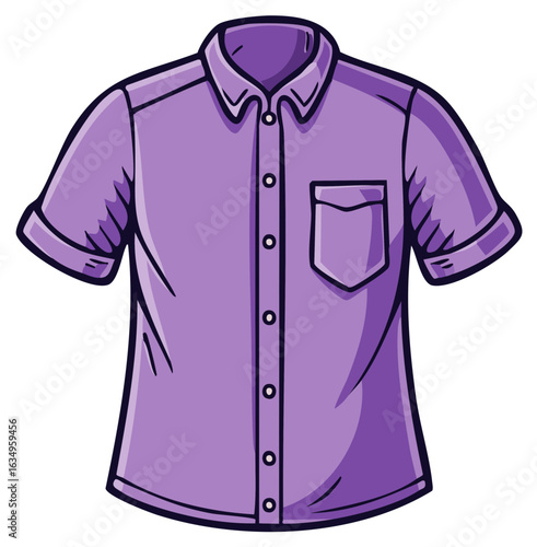 Casual purple short-sleeve collared shirt with buttons and a pocket, vector illustration.