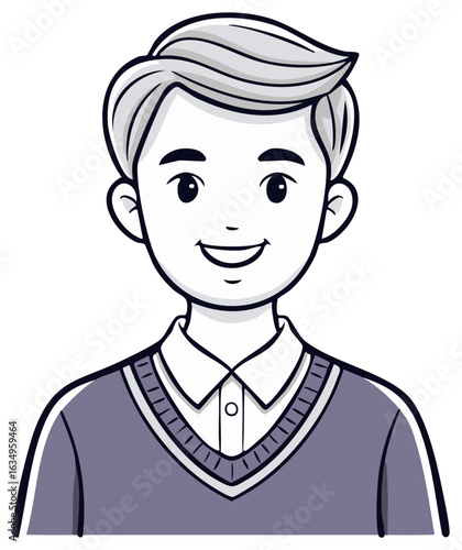 Cartoon illustration of smiling young man with grey hair wearing sweater