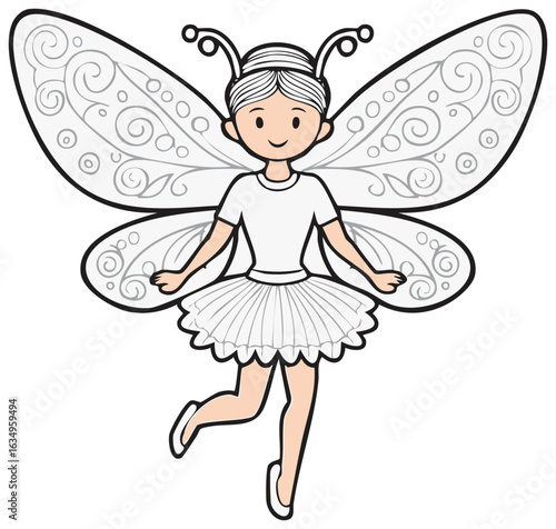 Young girl wearing fairy wings costume, cartoon style, decorative swirls, happy expression