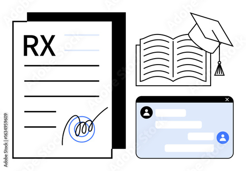 Medical prescription with signature, open book, online chat box, and a graduation cap. Ideal for education, healthcare, telemedicine, e-learning, medical advice virtual consultations and a simple