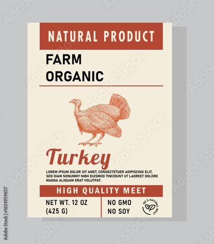 Free range turkey label featuring rustic turkey artwork, natural textures, and herb details. Designed for wholesome, seasonal branding.
