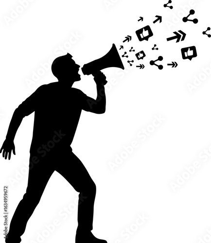 Silhouette of a man using a megaphone to amplify social media share and like icons in a digital marketing strategy concept