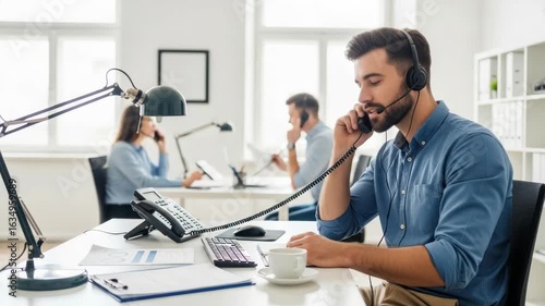Customer service representative assists clients with clear communication and support in a bustling