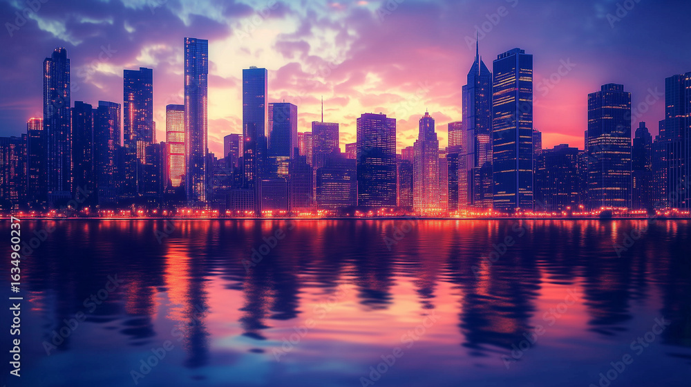 Naklejka premium Urban city skyline at dusk with illuminated skyscrapers reflected on calm water. Stunning modern architecture under dramatic clouds