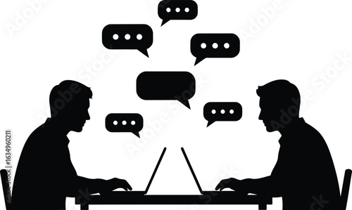 Silhouette of two people chatting online via laptops conveying modern digital communication and collaborative work