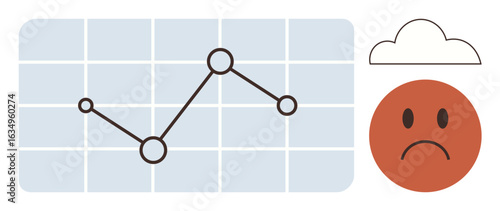 Line graph with downward trend, sad face, and cloud indicating failure, loss, or challenges. Ideal for business decline, loss, emotional struggle, failure financial crisis weather simple flat