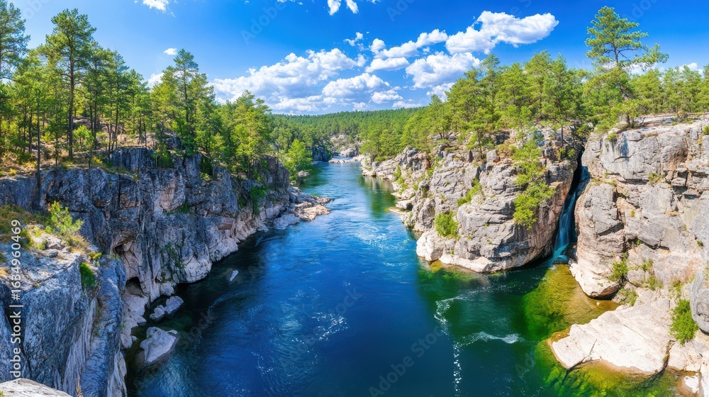 Obraz premium Stunning river canyon with waterfall surrounded by lush greenery under a bright blue sky.