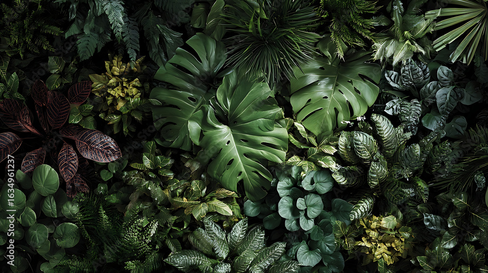 Fototapeta premium Lush verdant foliage diverse tropical plants overhead view jungle leaves