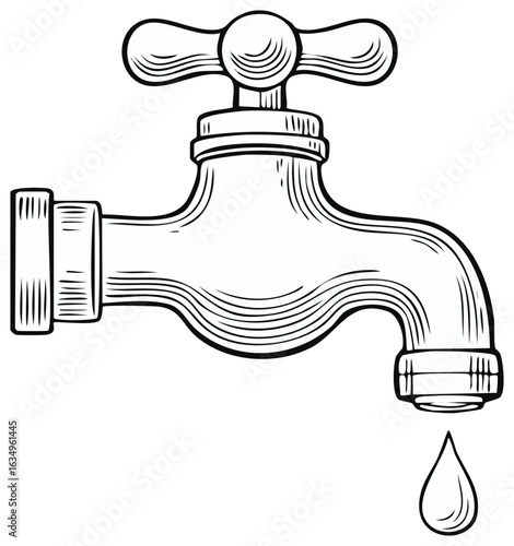 Vintage style faucet with a single water drop falling and flowing water texture