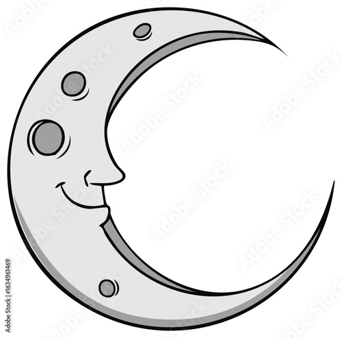 Smiling cartoon crescent moon with face and craters