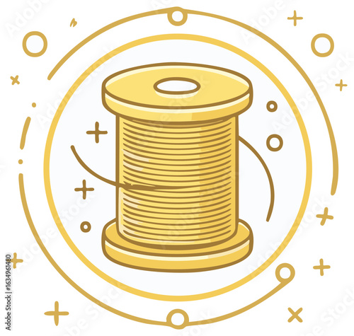Golden Thread Spool Icon Illustration Threading Tool for Sewing Handcraft Creative Skill Needlework Hobby Garment Fashion