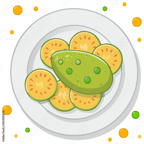 Plate of sliced exotic fruit and green fruit with decorative dots.  Cartoon style
