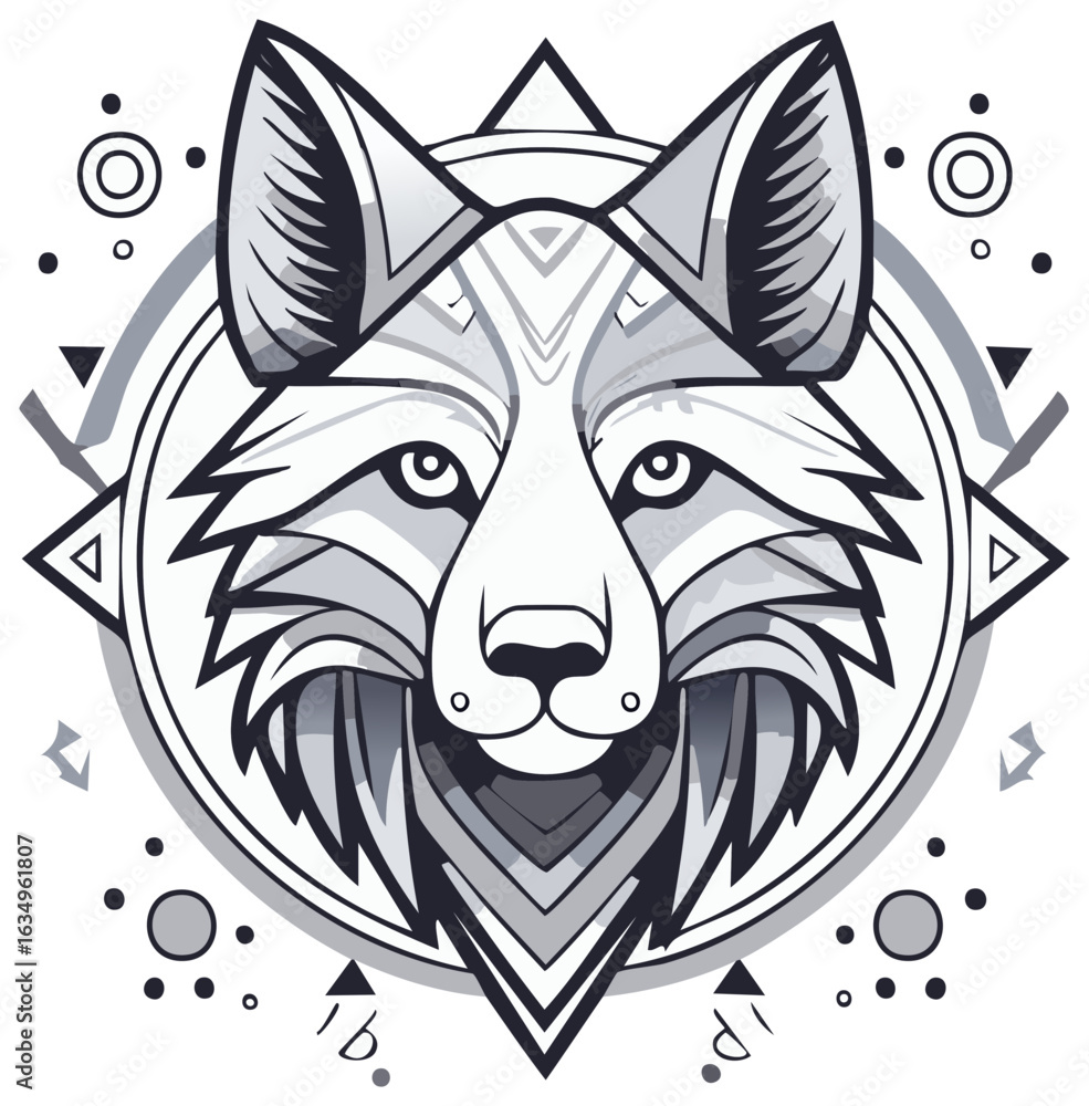 Fototapeta premium Stylized wolf head illustration with geometric and tribal patterns. Symmetrical vector mascot.