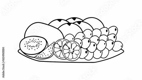 Vibrant fruit platter bursting with kiwi, oranges, and grapes offers a healthy, refreshing visual for any project