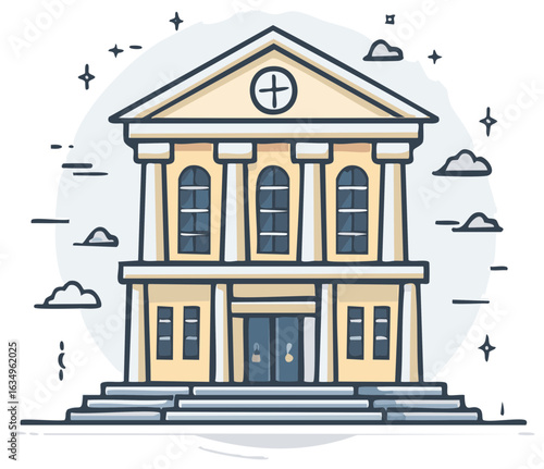 Stylized rendition of Classic Structure. Government courthouse or educational institution. Cartoon illustration with architectural elements.