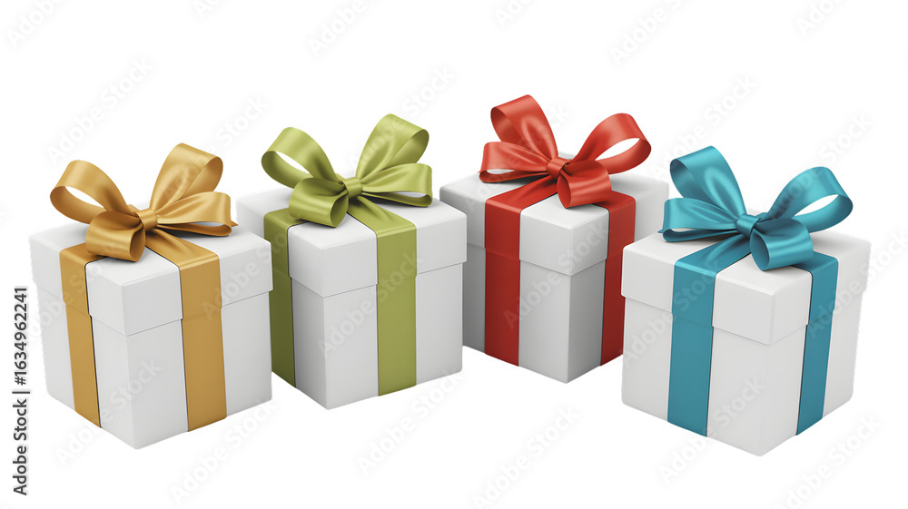 Obraz premium A group of four white gift boxes with different colored ribbons and bows on a white background image on transparent background