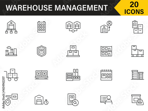 Warehouse management icons set. Set of 20 icons related to fulfilment, inventory, distribution, storage, stock, basement, depot, factory and more. Editable stroke. Vector illustration.