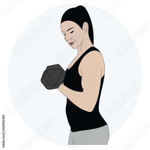 Illustration of a fit woman doing a bicep curl with a dumbbell. Strength training, fitness, and healthy lifestyle concept in flat vector style.