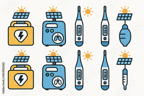 Solar-Powered Medical Tools Icons Colored Flat Design Vector Defibrillator Oxygen Thermometer