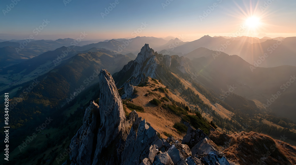 Fototapeta premium Majestic mountain peaks bathed in golden sunrise light with hazy valleys below golden light