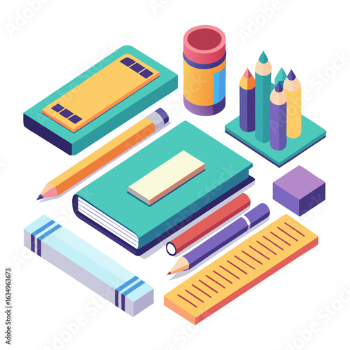 Isometric School Supplies Set Vector Illustration Isolated on White