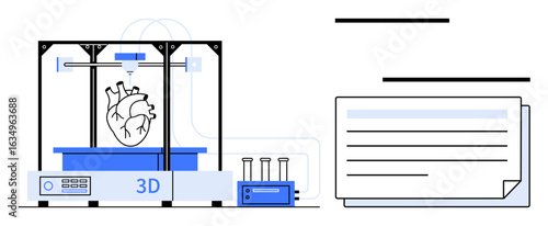 3D printer crafting human heart model alongside connected lab equipment and documents. Ideal for medical innovation, technology, future healthcare, 3D printing, education, engineering, simple flat