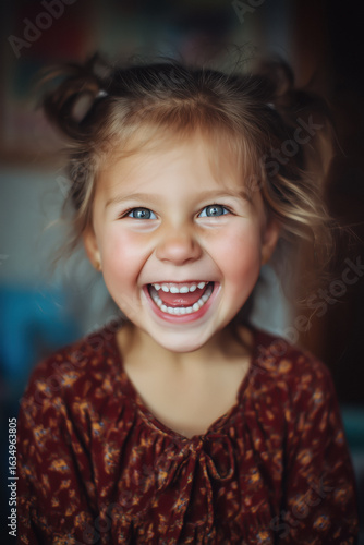 Close-up portrait of a cheerful young girl with a big smile