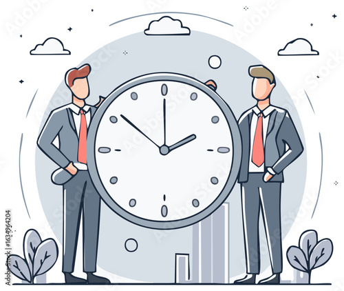 Two businessmen collaborating around a large clock symbolizing time management and business productivity