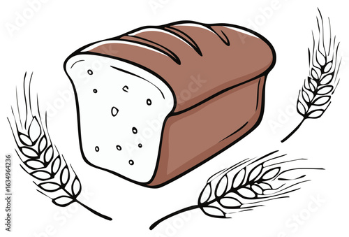 Whole Wheat Bread Loaf with Wheat Stalks Illustration