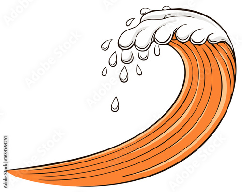 Stylized wave illustration with water droplets and orange color scheme