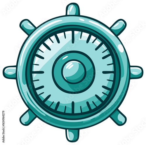 Cartoon style turquoise ship wheel featuring a navigational instrument with a circular design and multiple handles