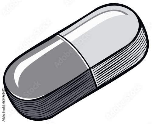 Grayscale medical capsule illustration for healthcare and wellness concepts