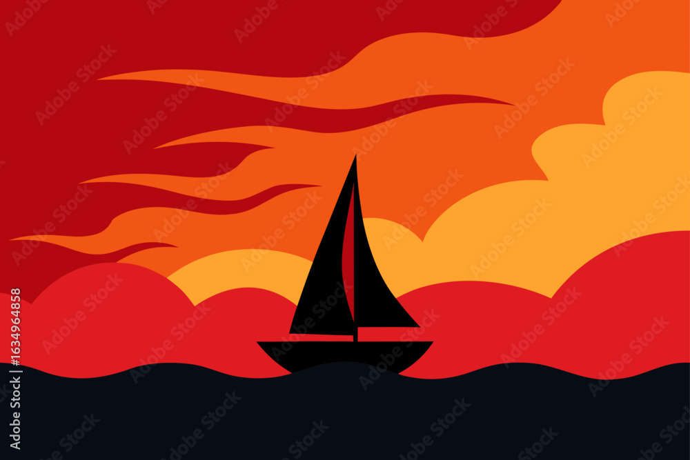 Naklejka premium Sailboat silhouette against a vibrant sunset sky