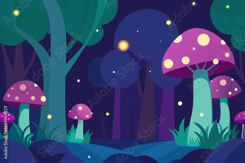 Enchanted forest with glowing mushrooms and mystical trees at night