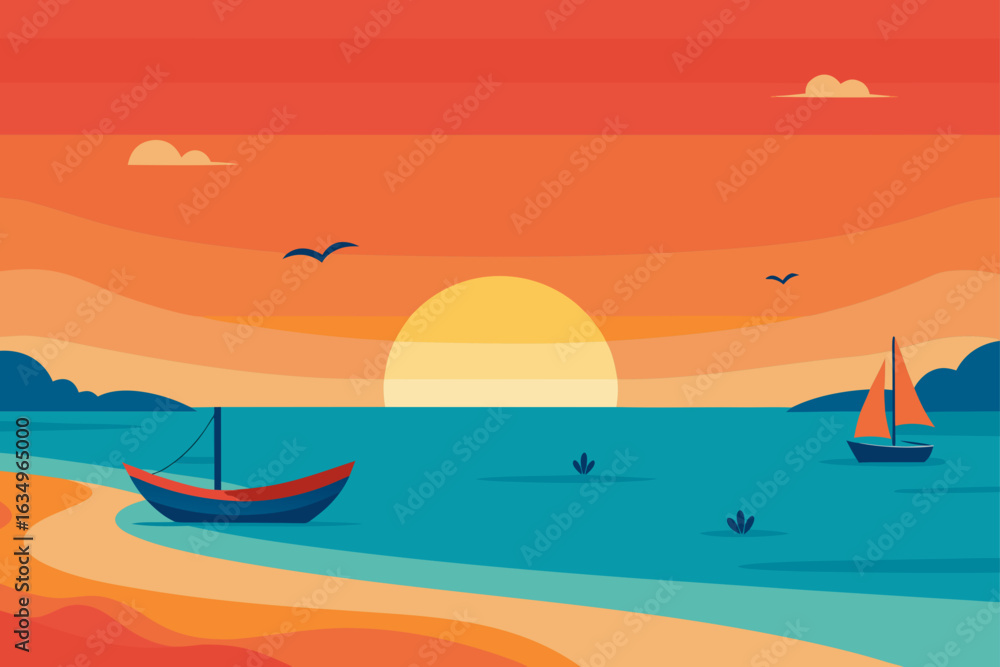 Naklejka premium Serene beach sunset with sailboat and calm ocean waters