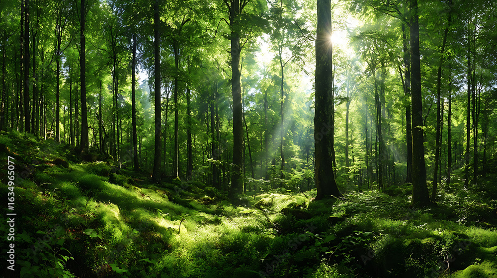 Obraz premium Verdant forest canopy illuminated by sunbeams trees green