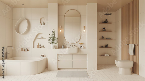 Modern, minimalist bathroom with warm beige tones.
