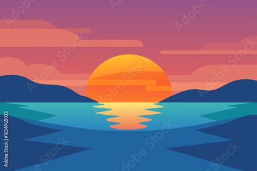 Vibrant sunset over calm water with silhouetted hills