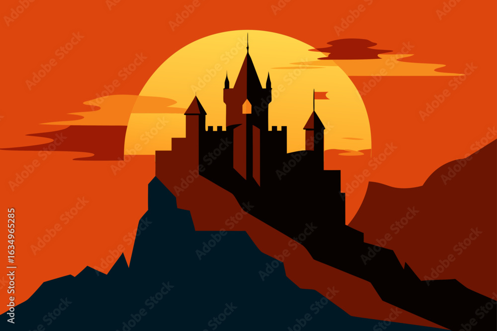 Fototapeta premium Mysterious castle silhouette against a dramatic sunset sky