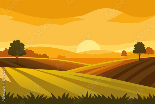 Stylized rural landscape at sunset with rolling hills and trees