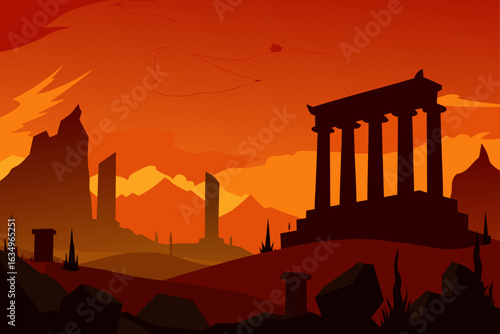 Ancient ruins silhouetted against a fiery orange sunset sky