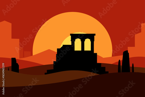Ancient ruins silhouetted against a vibrant desert sunset