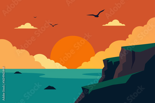 Dramatic sunset over the ocean with cliffs and flying birds