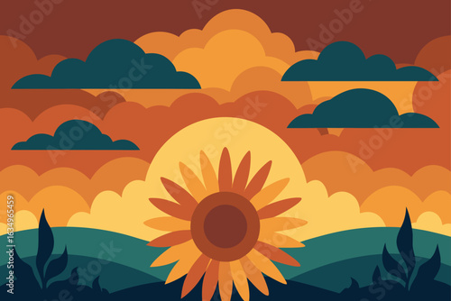 Stylized sunflower sunset with abstract clouds and hills