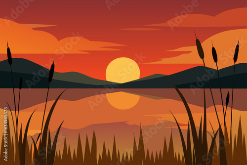 Vibrant sunset over a calm lake with cattails and mountains